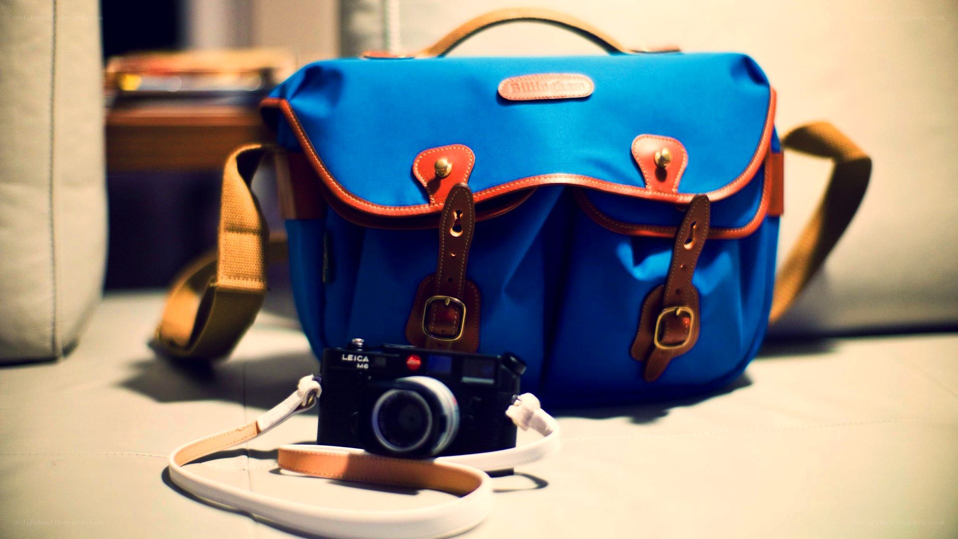 Blue camera bag with Leica M6