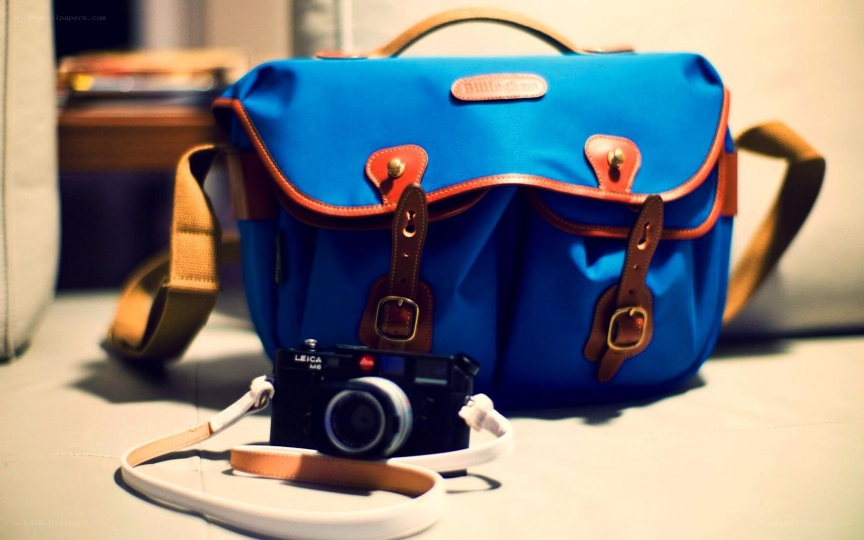 Blue camera bag with Leica M6