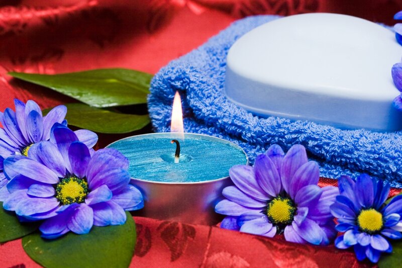 Blue Candle with Flowers