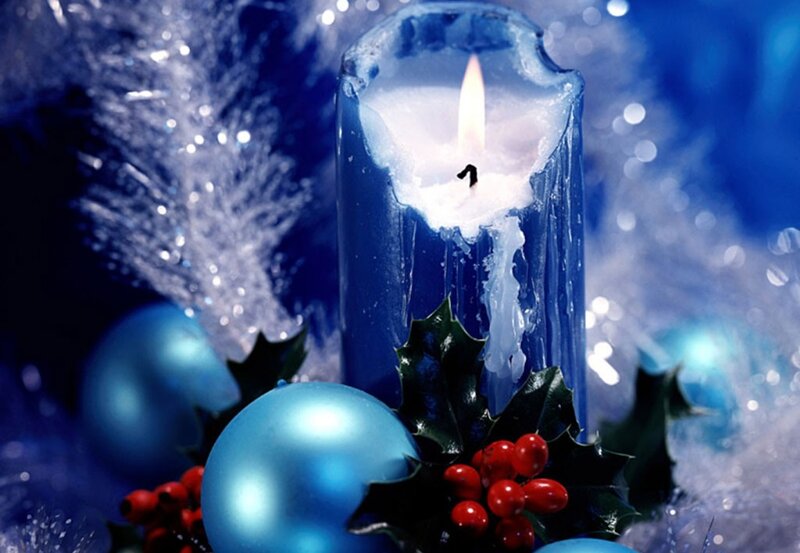 Blue Candle with Holly — Festive, Winter
