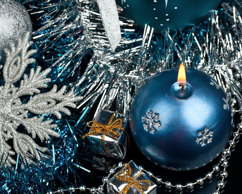 Blue Candle with Ornaments — Festive, Winter, Photograph, Snowflake