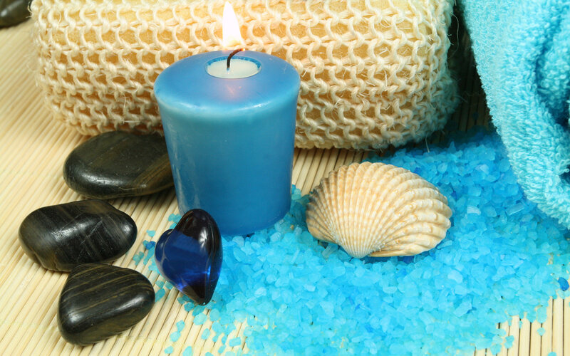Blue Candle with Seashells — Serene, Photograph