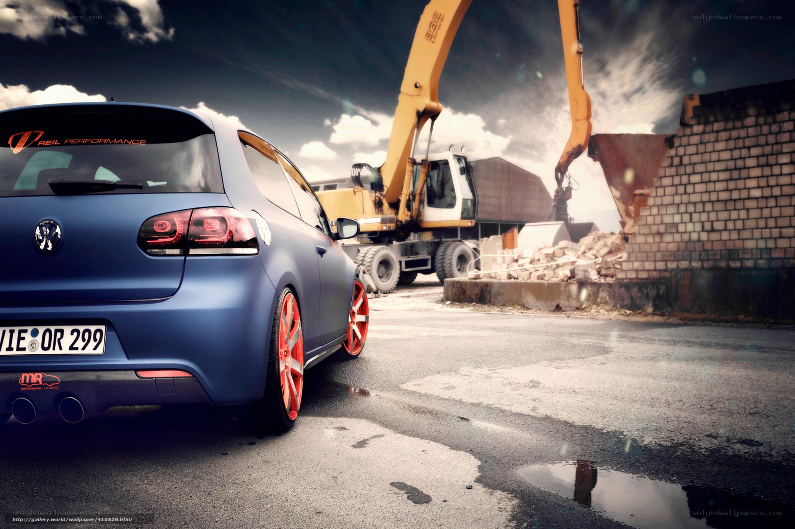 Blue car at demolition site