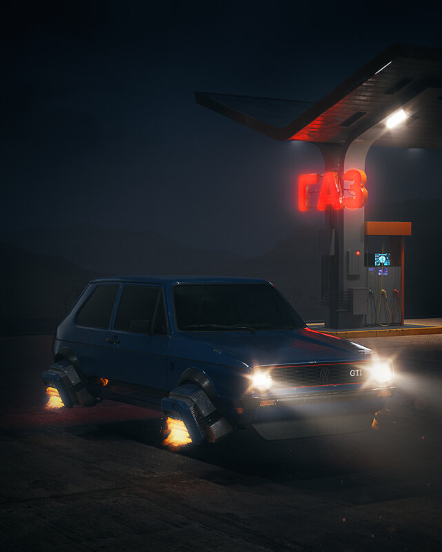 Blue Car at Gas Station — Dark
