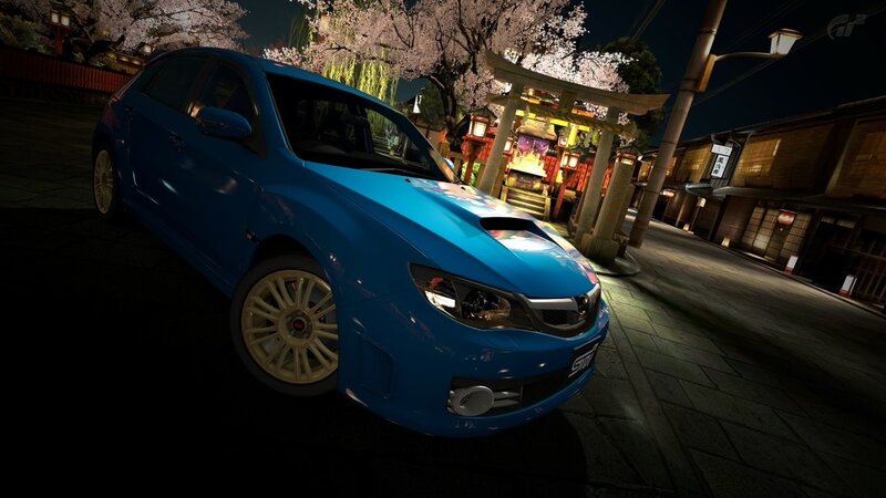 Blue car at night in Japan