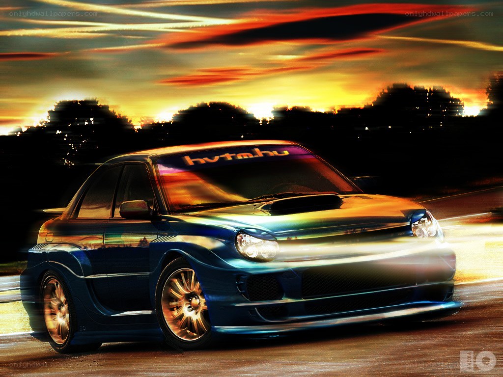 Blue car at sunset