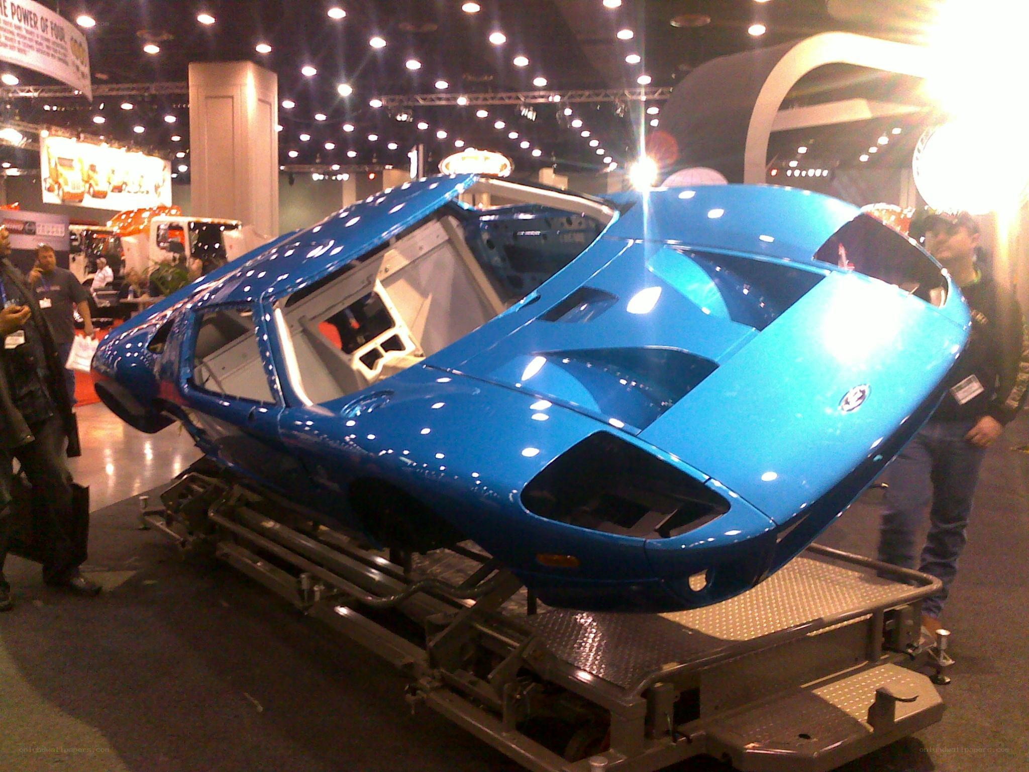 Blue car body on display