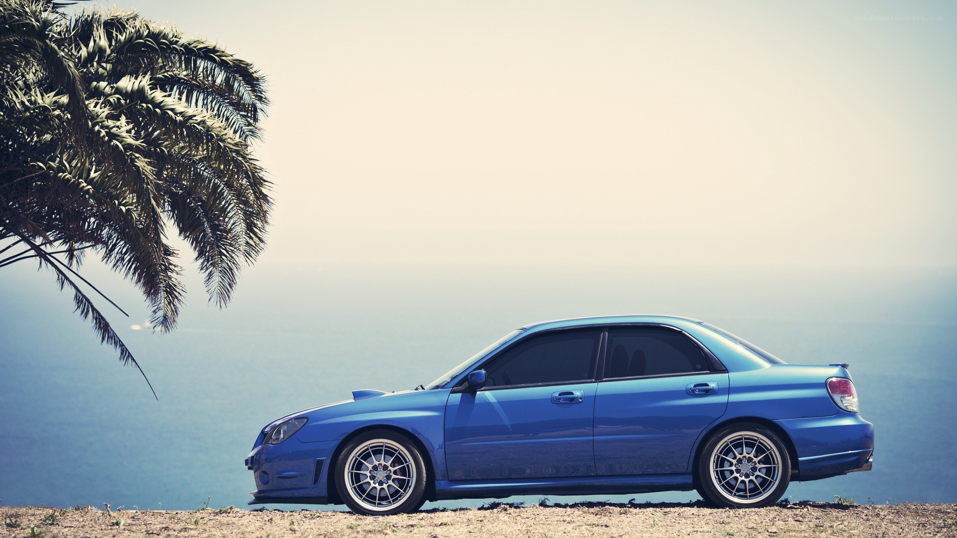 Blue car by the ocean