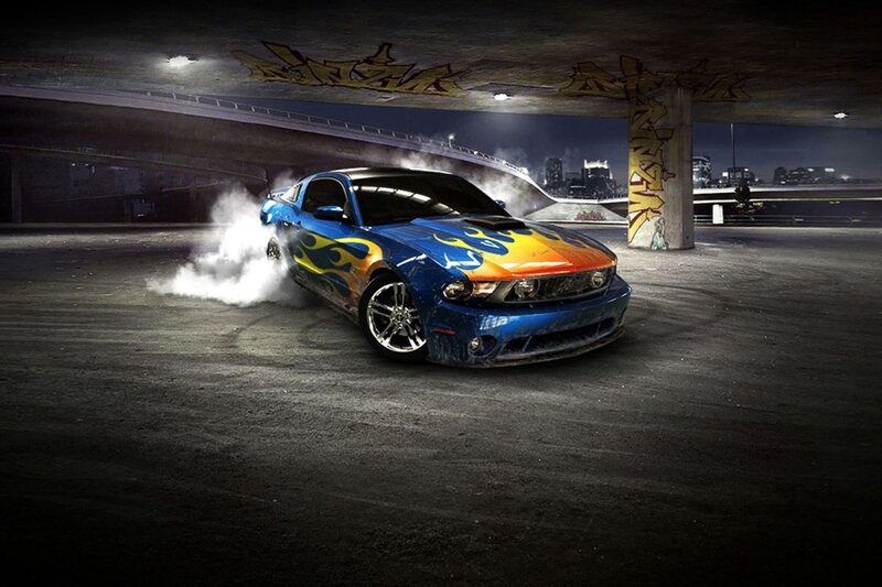 Blue Car Drifting — Dramatic, Night, Digital Art
