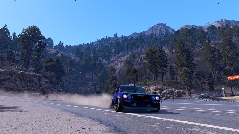Blue Car Drifting — Dynamic, Afternoon