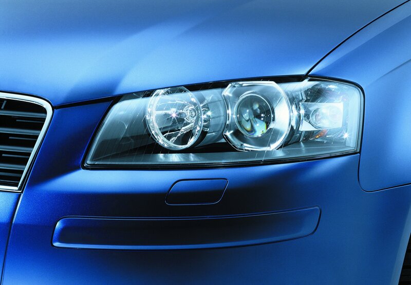 blue car headlight close-up