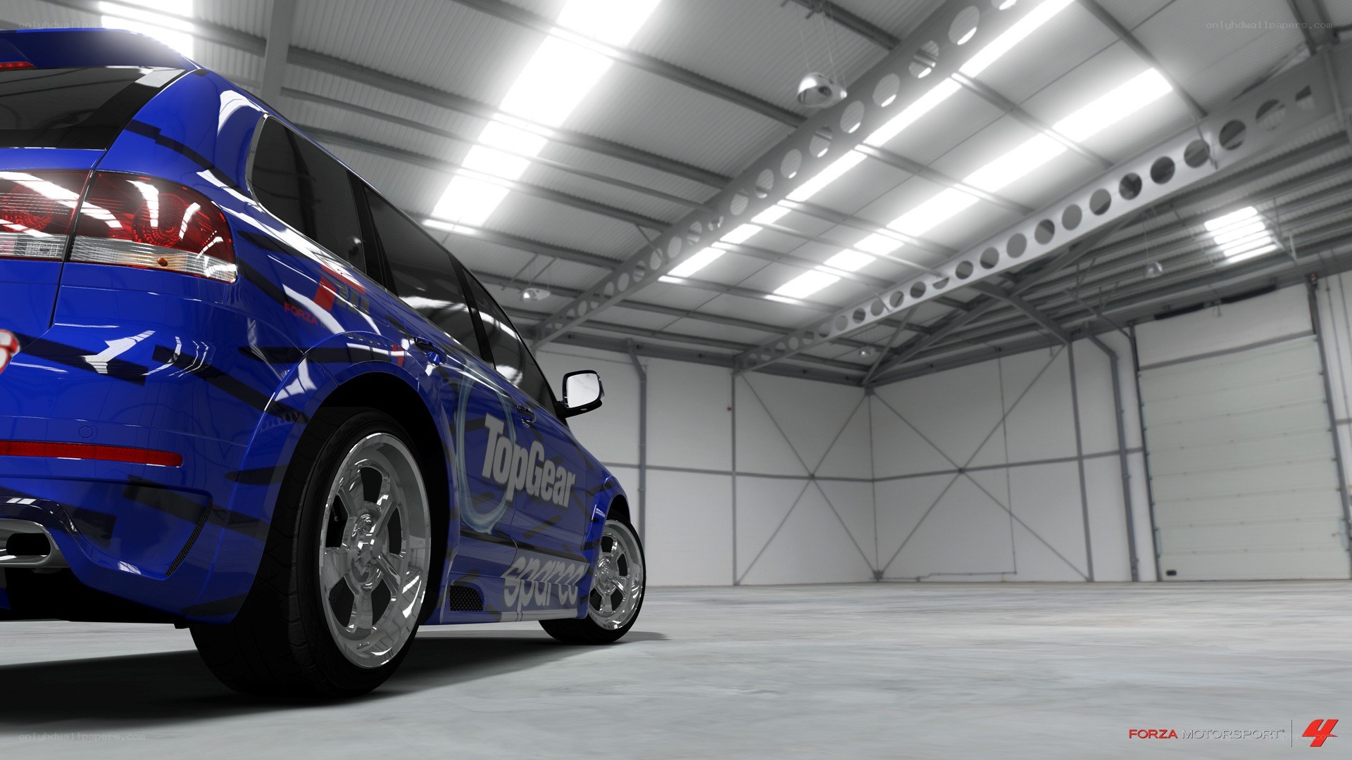 Blue car in a garage