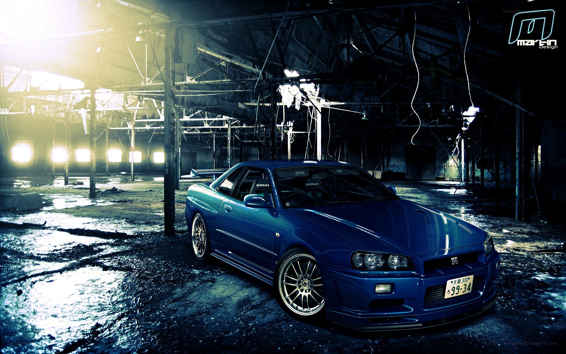 Blue car in abandoned warehouse