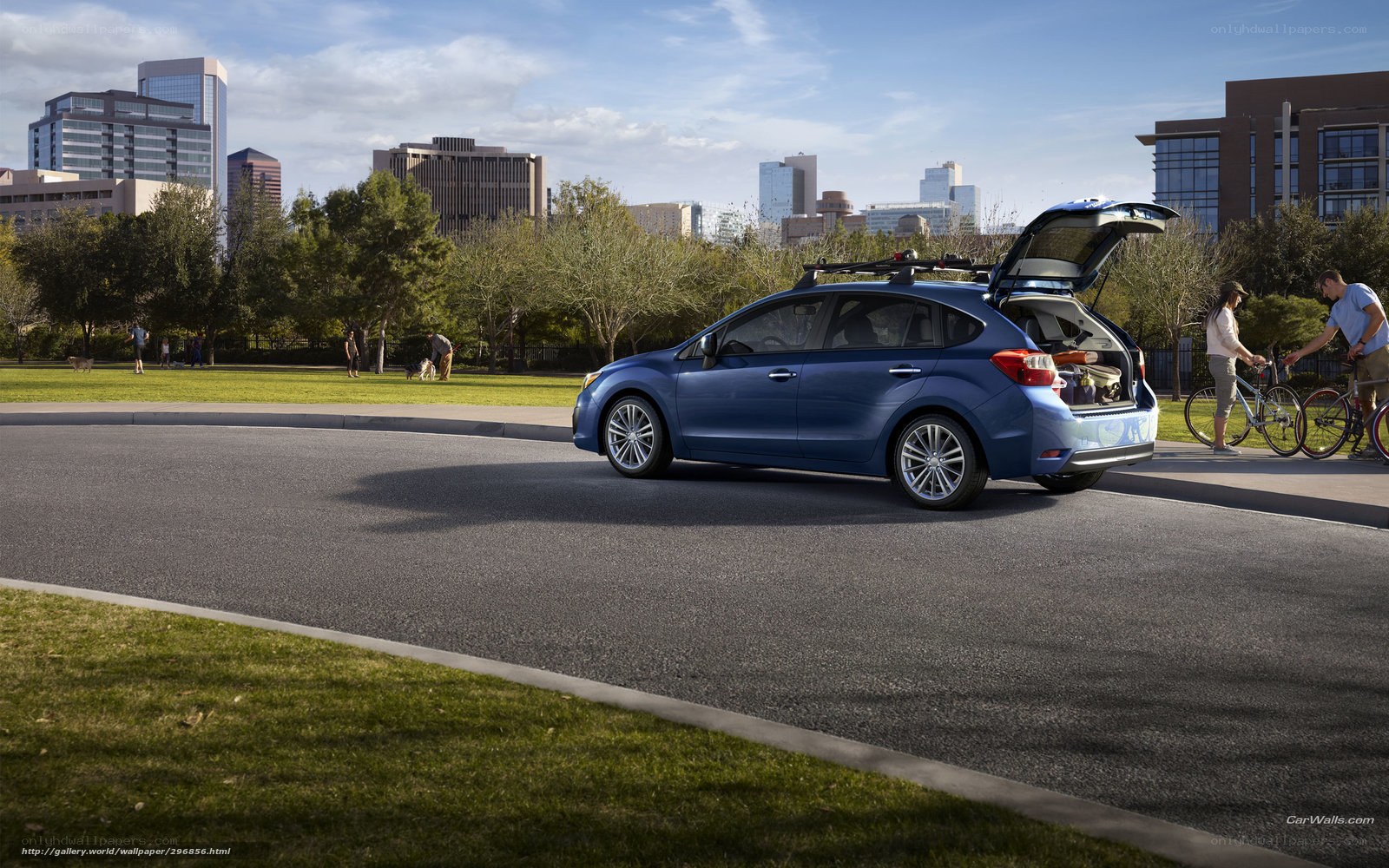 Blue car in city park