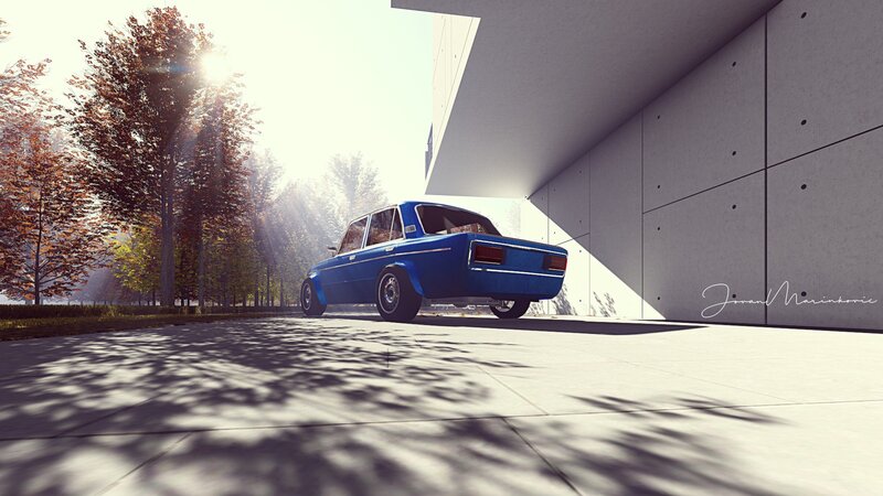 Blue Car in Driveway — Serene