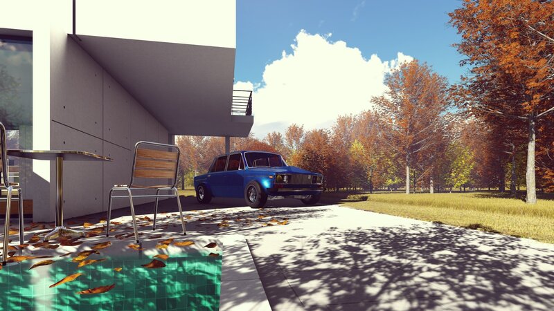 Blue Car in Driveway