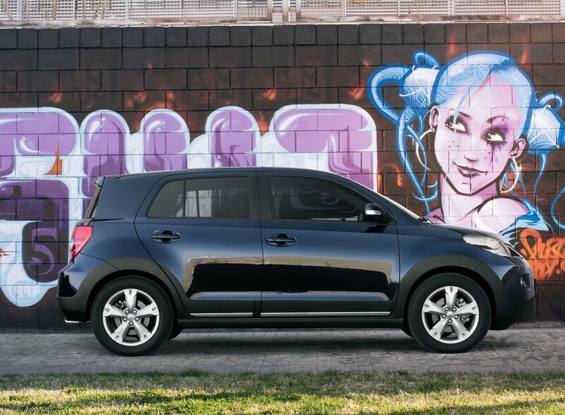Blue car in front of graffiti wall