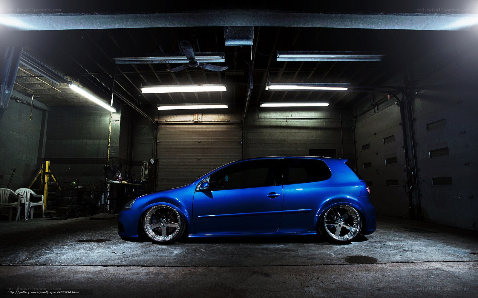 Blue car in garage