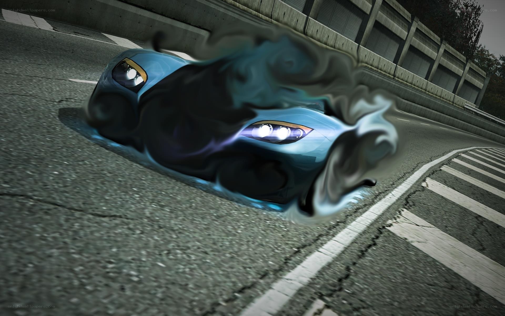 blue car in motion