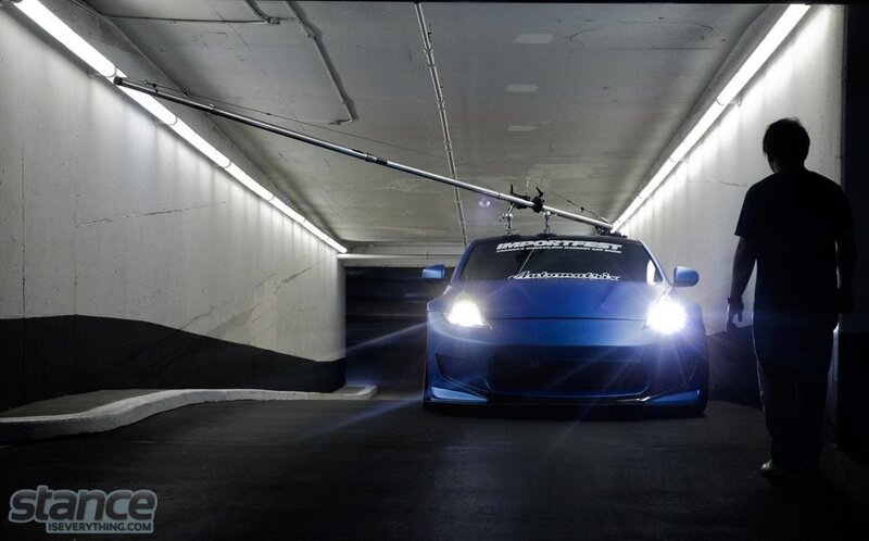 Blue car in parking garage