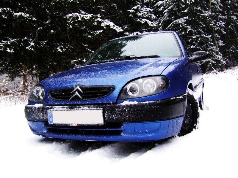 Blue Car in Snow — Cold, Winter, Photograph, Trees, Forest