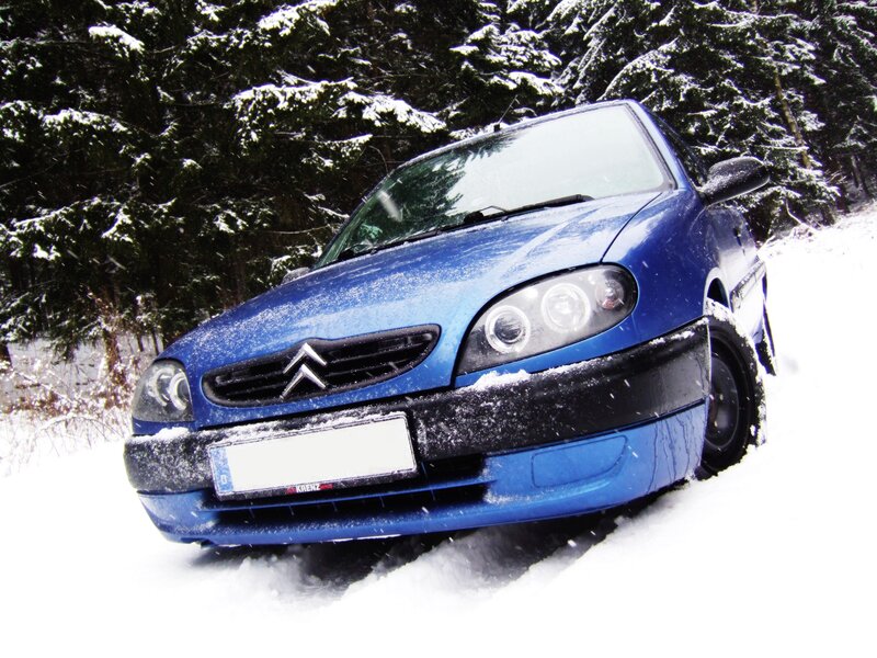 Blue Car in Snow — Cold, Winter, Photograph, Trees, White