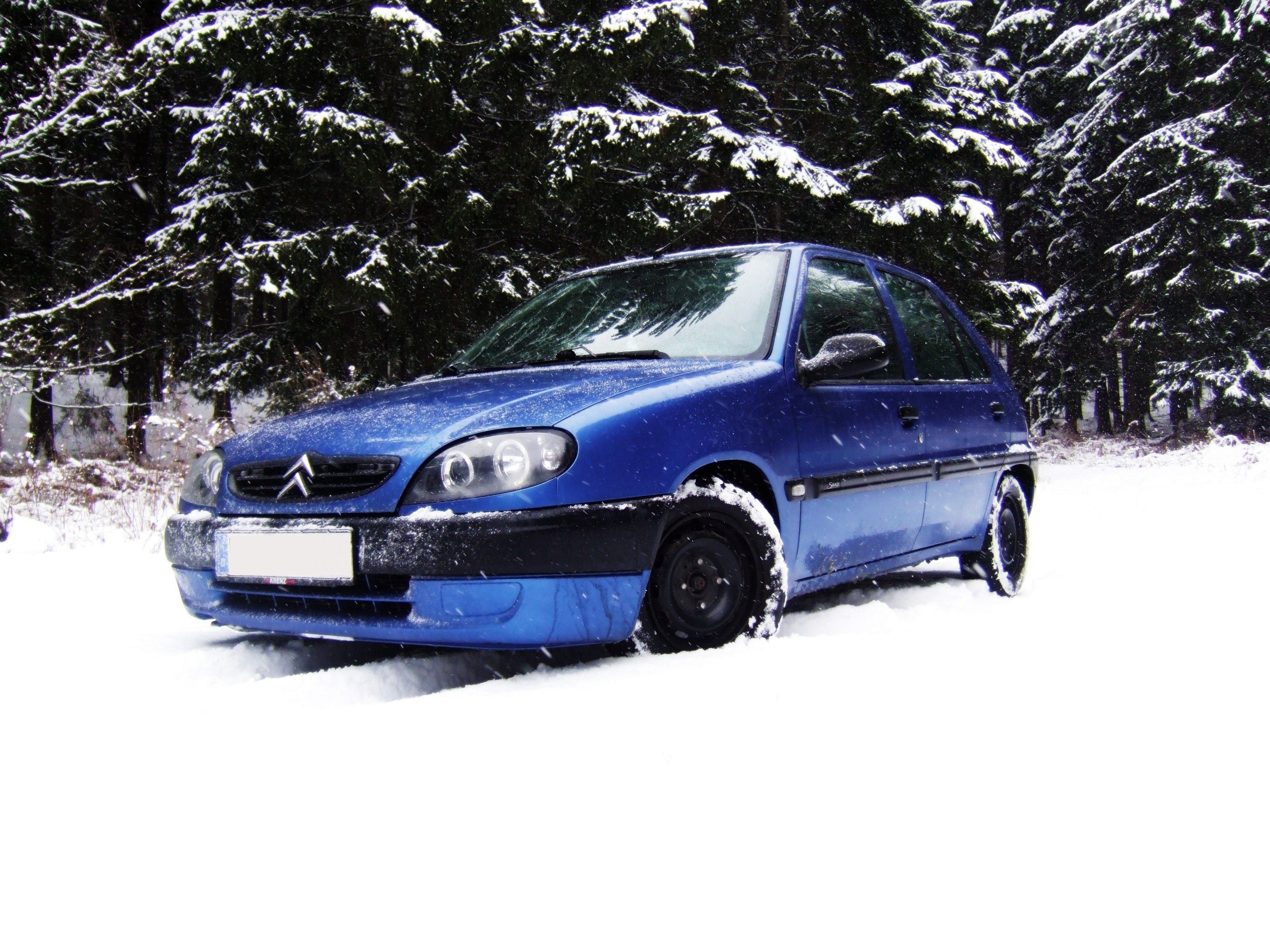 Blue car in snowy forest