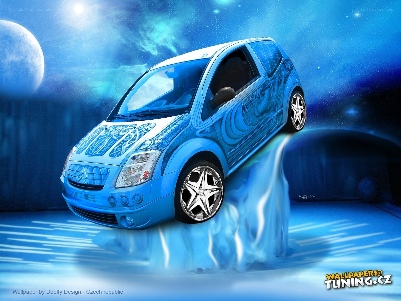 Blue car in space wallpaper