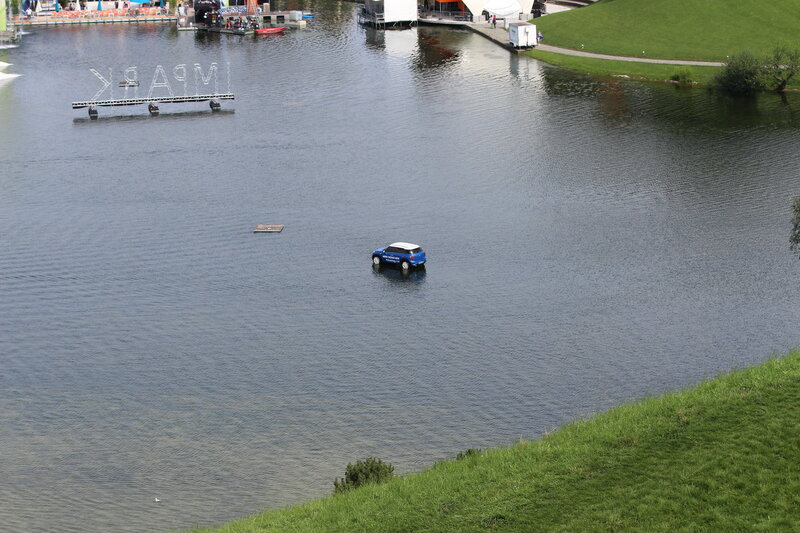 Blue Car in Water — Calm, Afternoon