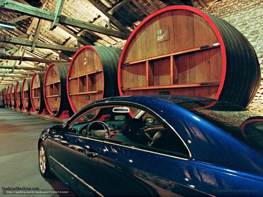 Blue car in wine cellar