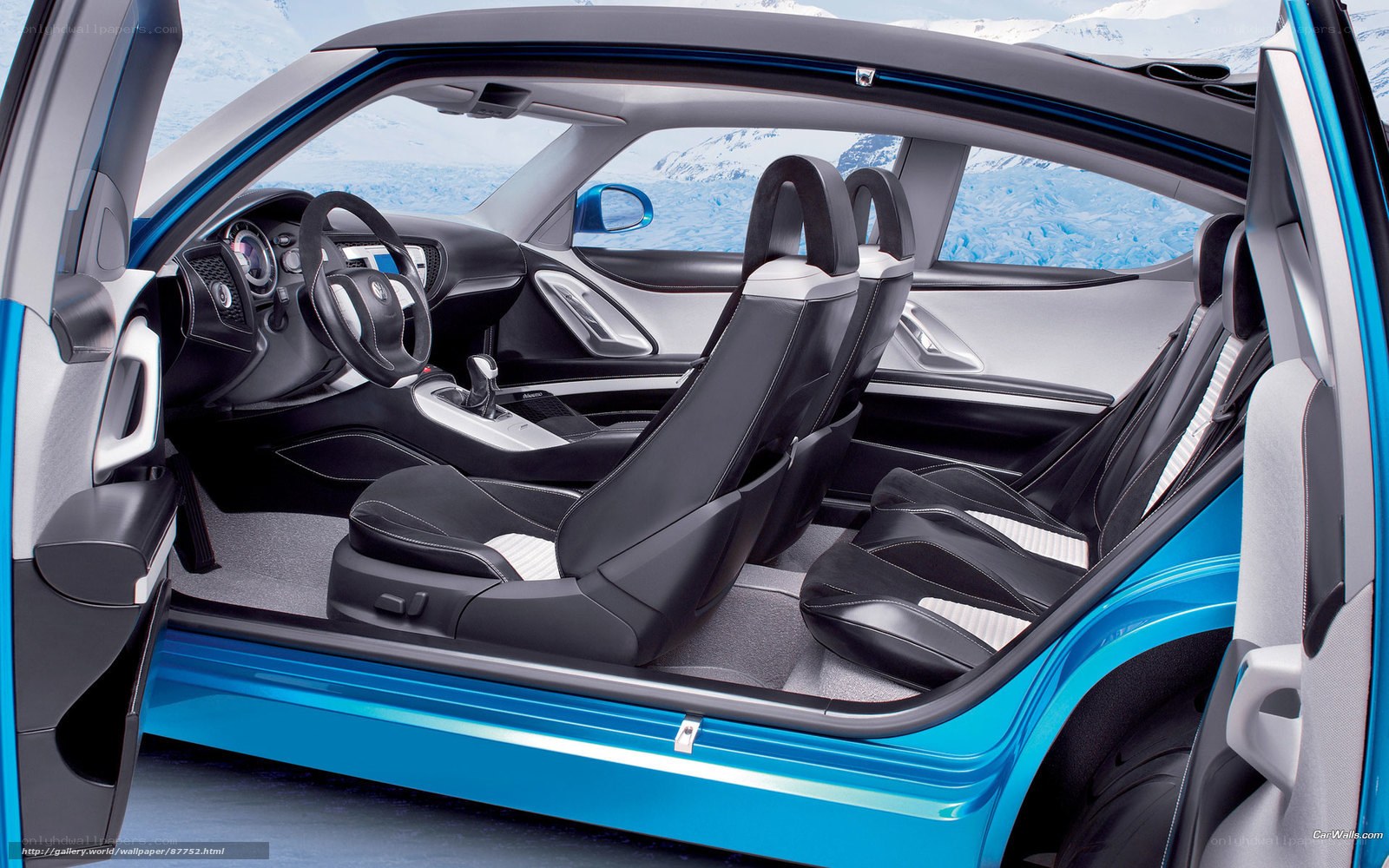 blue car interior with mountain view