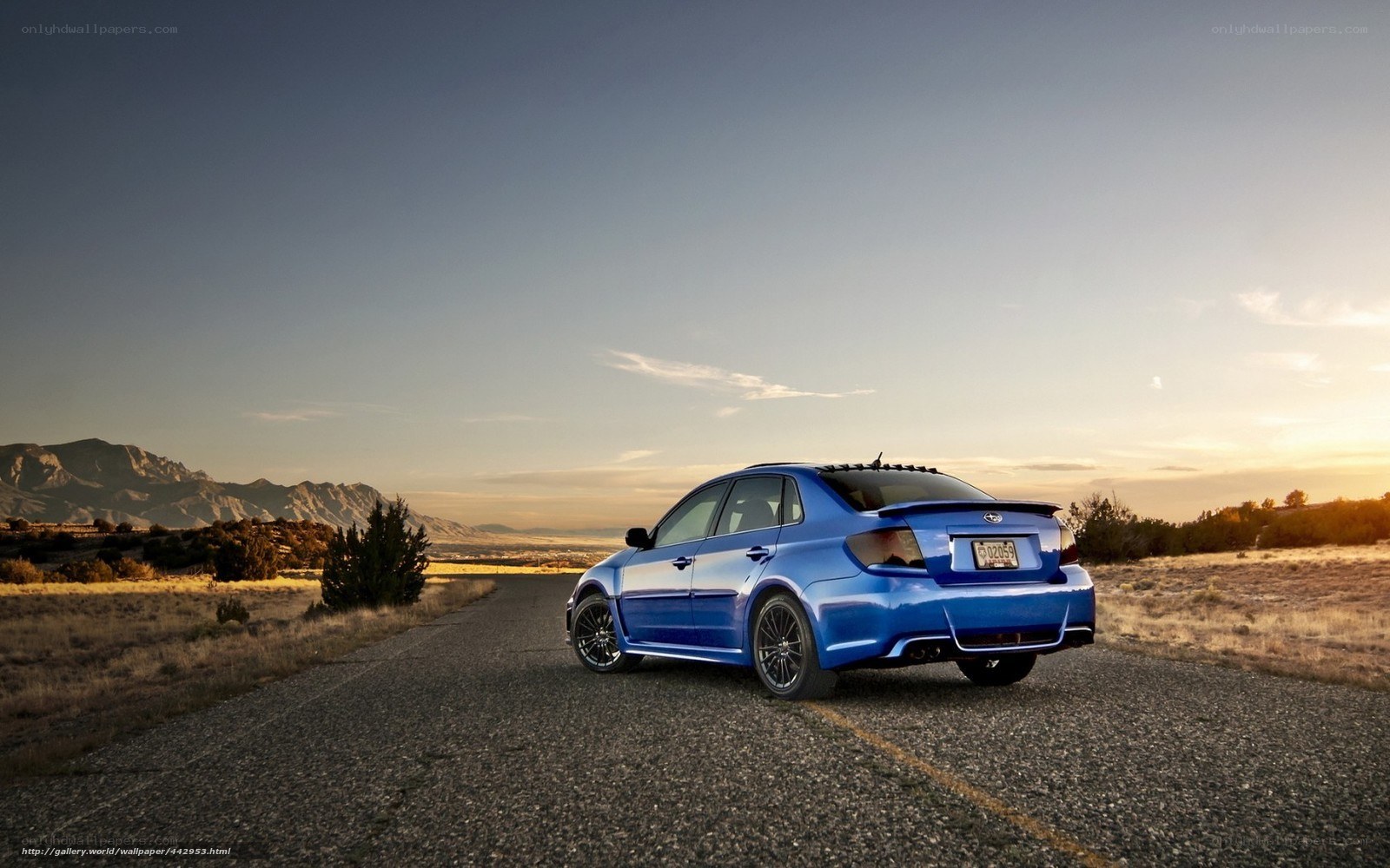 Blue car on a desert road