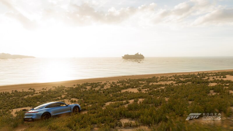 Blue Car on Beach — Serene, Sunset, 3d Render