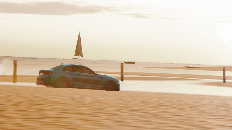 Blue Car on Beach — Serene, Sunset