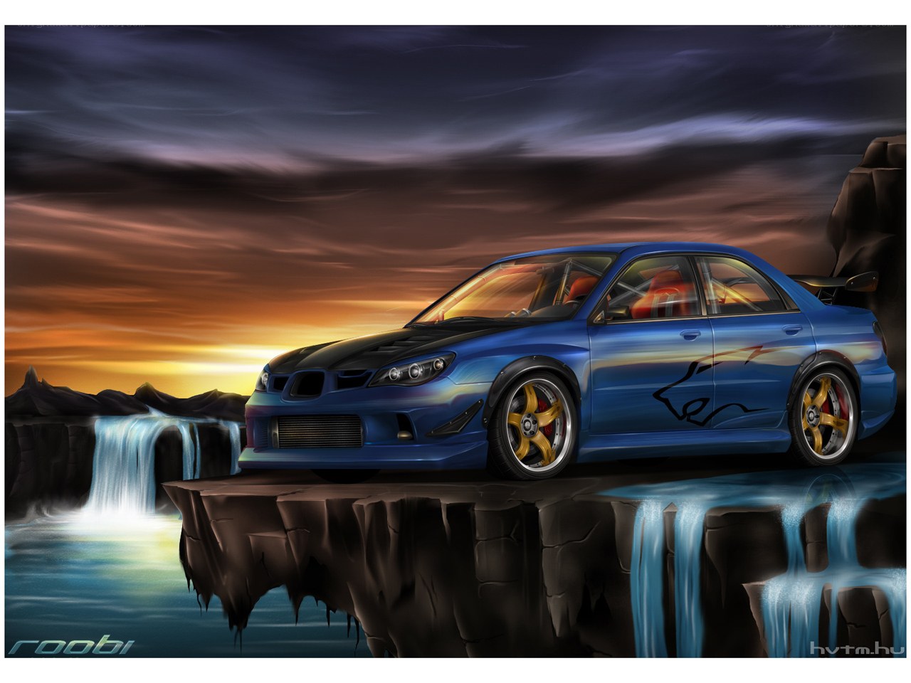 Blue car on cliff at sunset