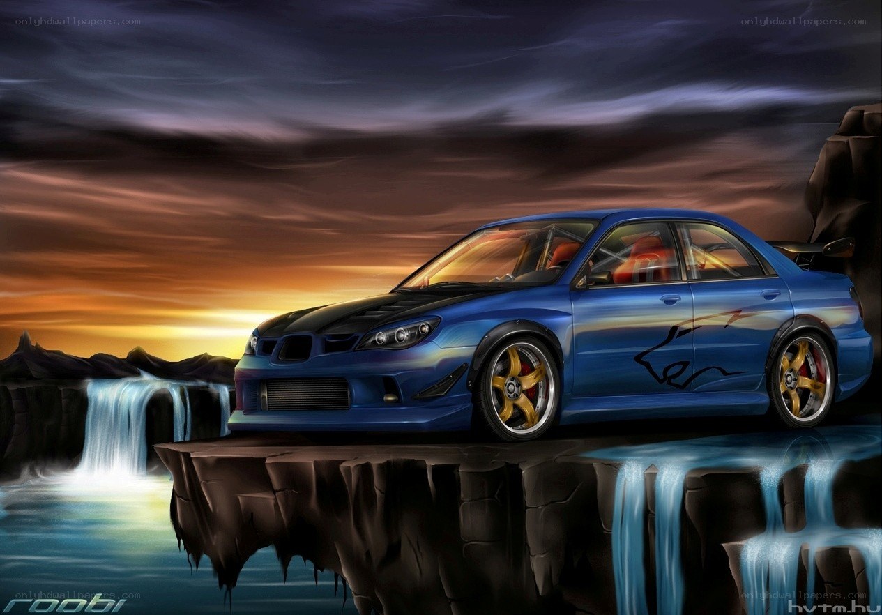 Blue car on cliff at sunset