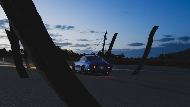 Blue Car on Road — Serene, Sunset, 3d Render
