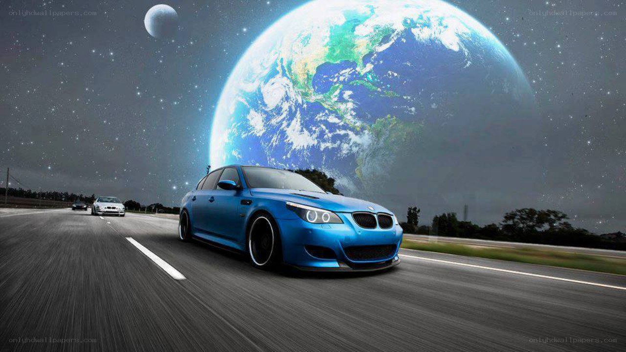 Blue car on road with Earth