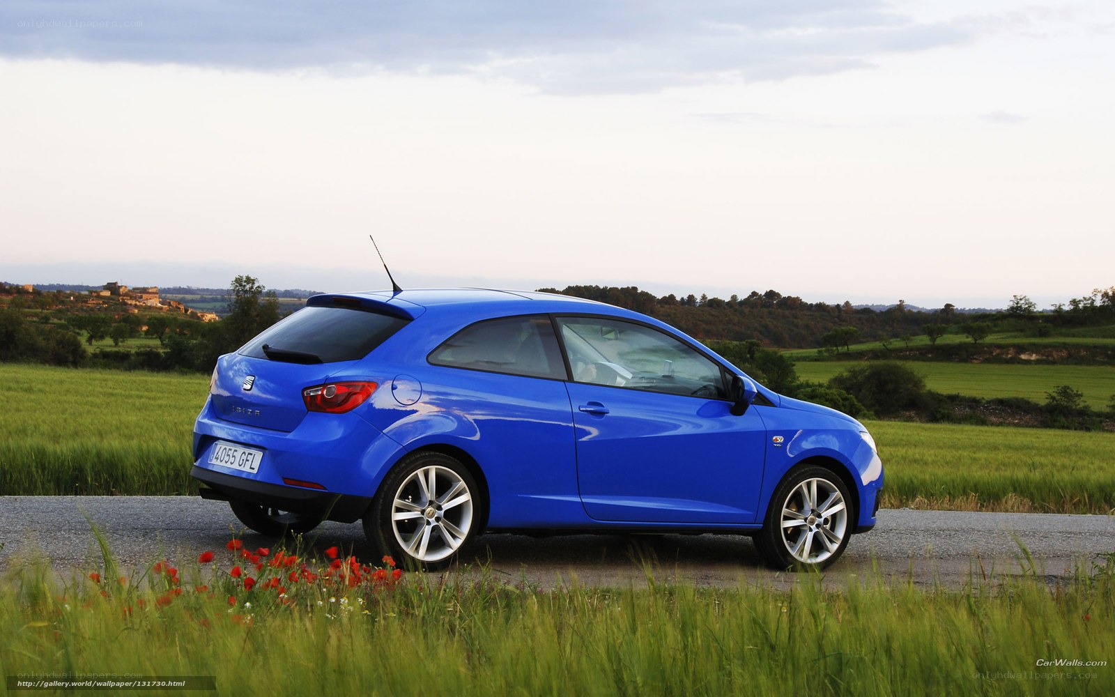 blue car on rural road