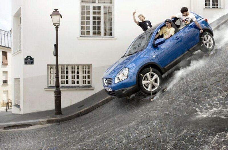 Blue Car on Steep Hill