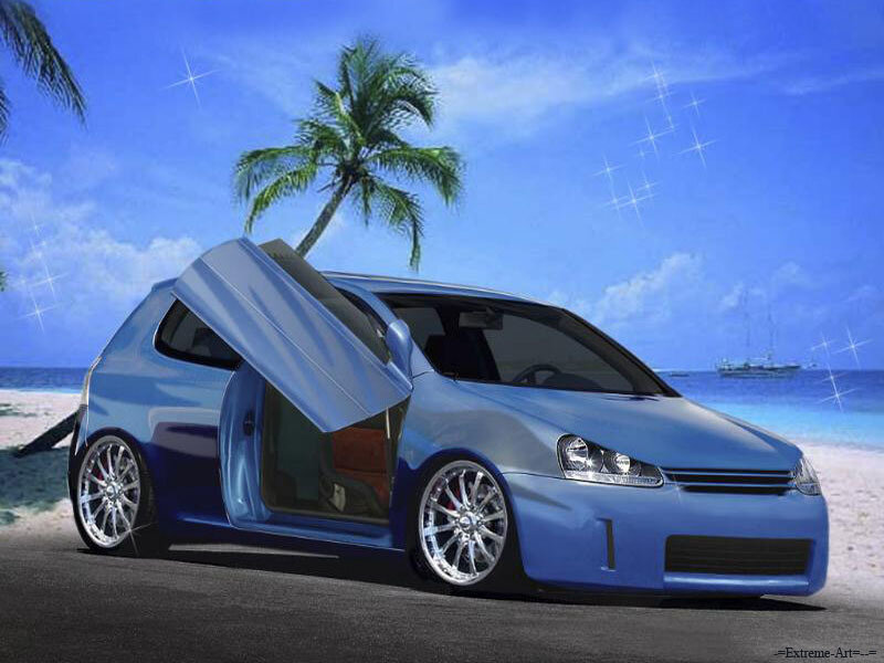 Blue car on tropical beach