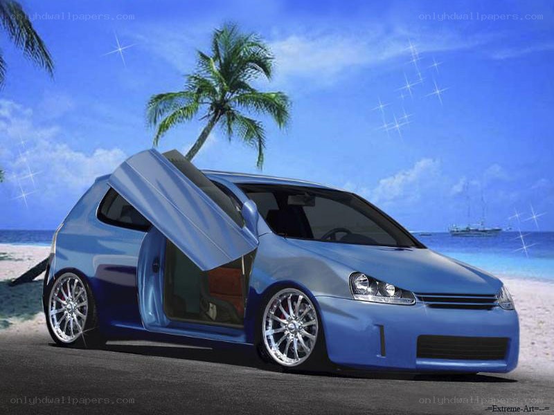 Blue car on tropical beach