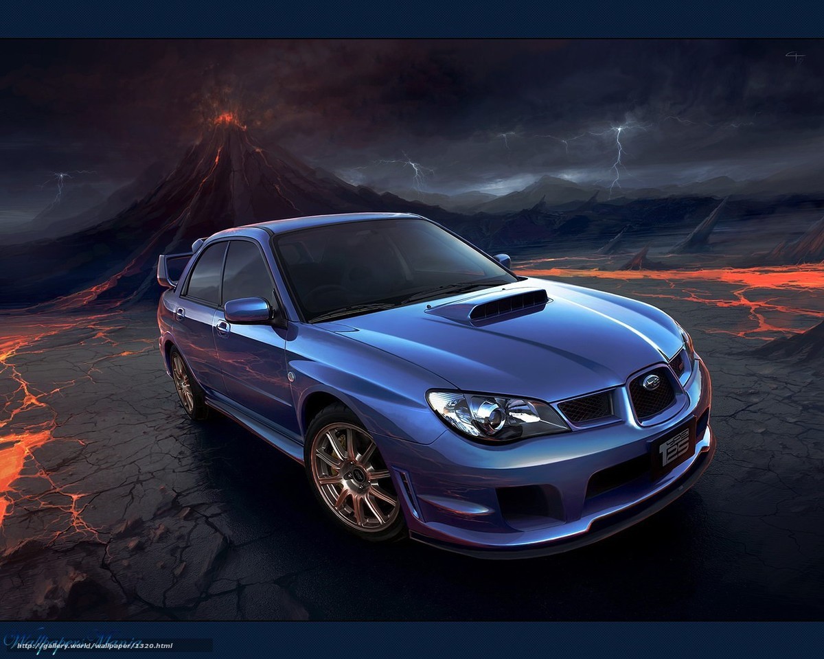 Blue car on volcanic landscape