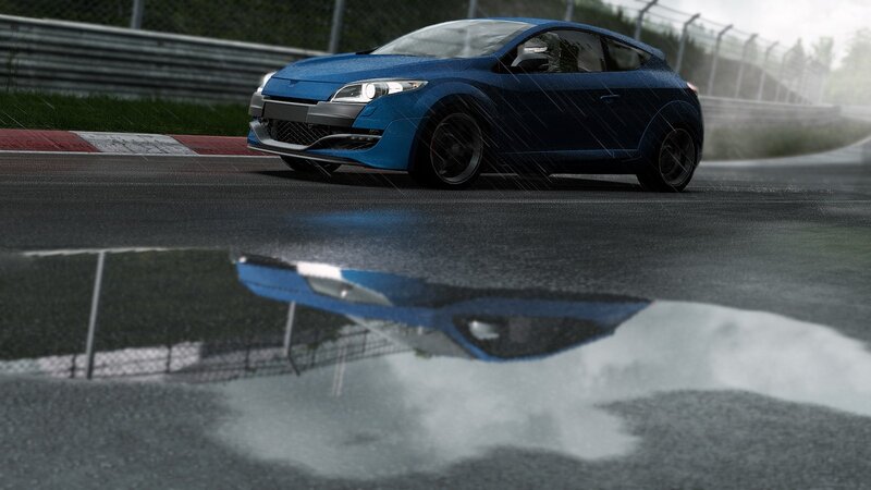 Blue car on wet racetrack