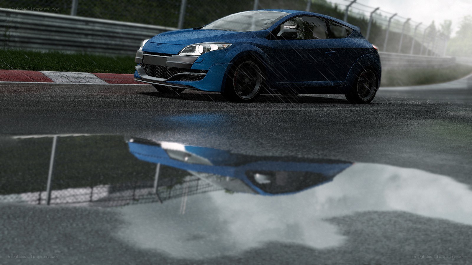 Blue car on wet racetrack