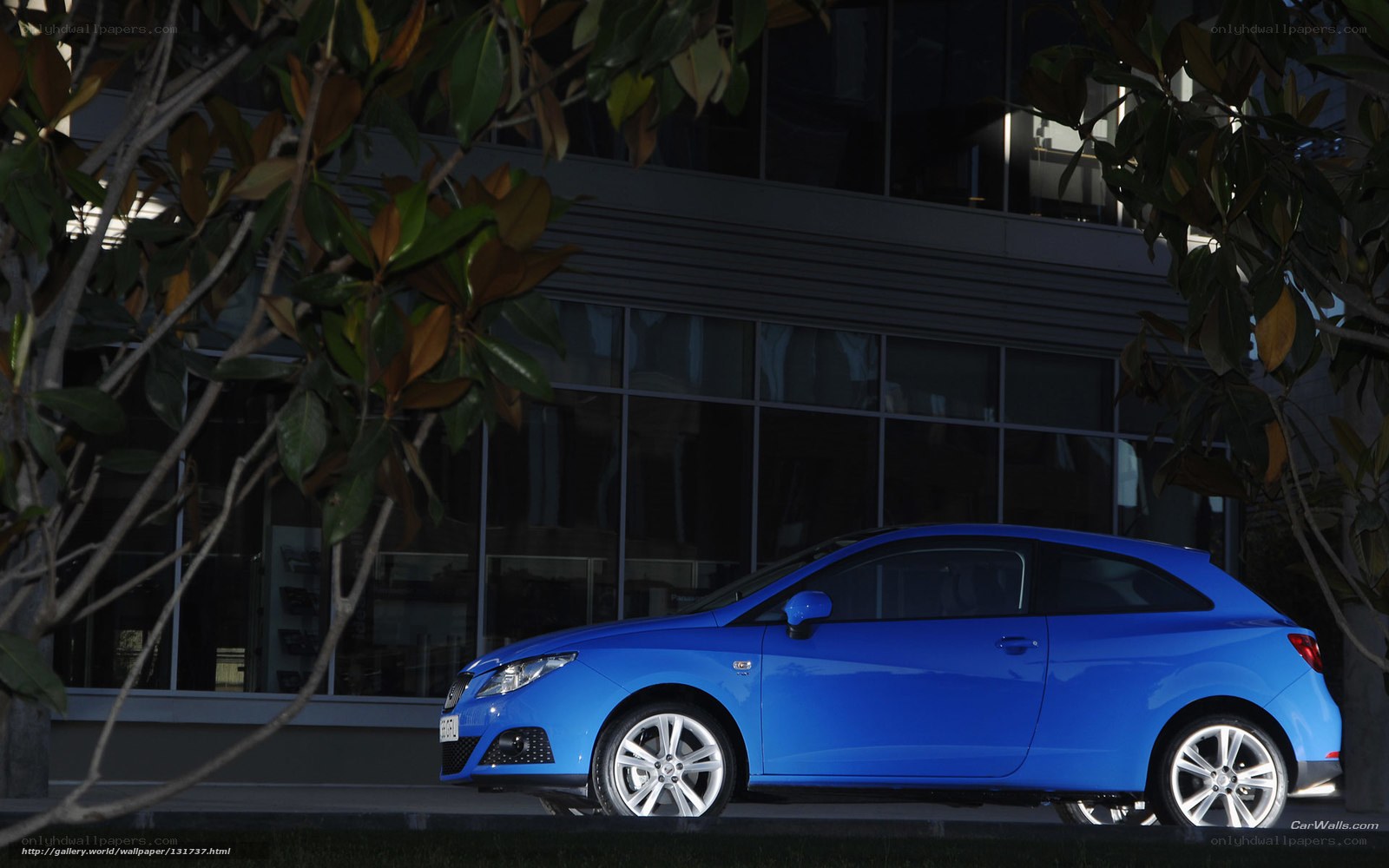 Blue car parked outside building
