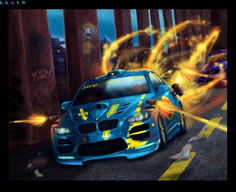 Blue car racing with flames
