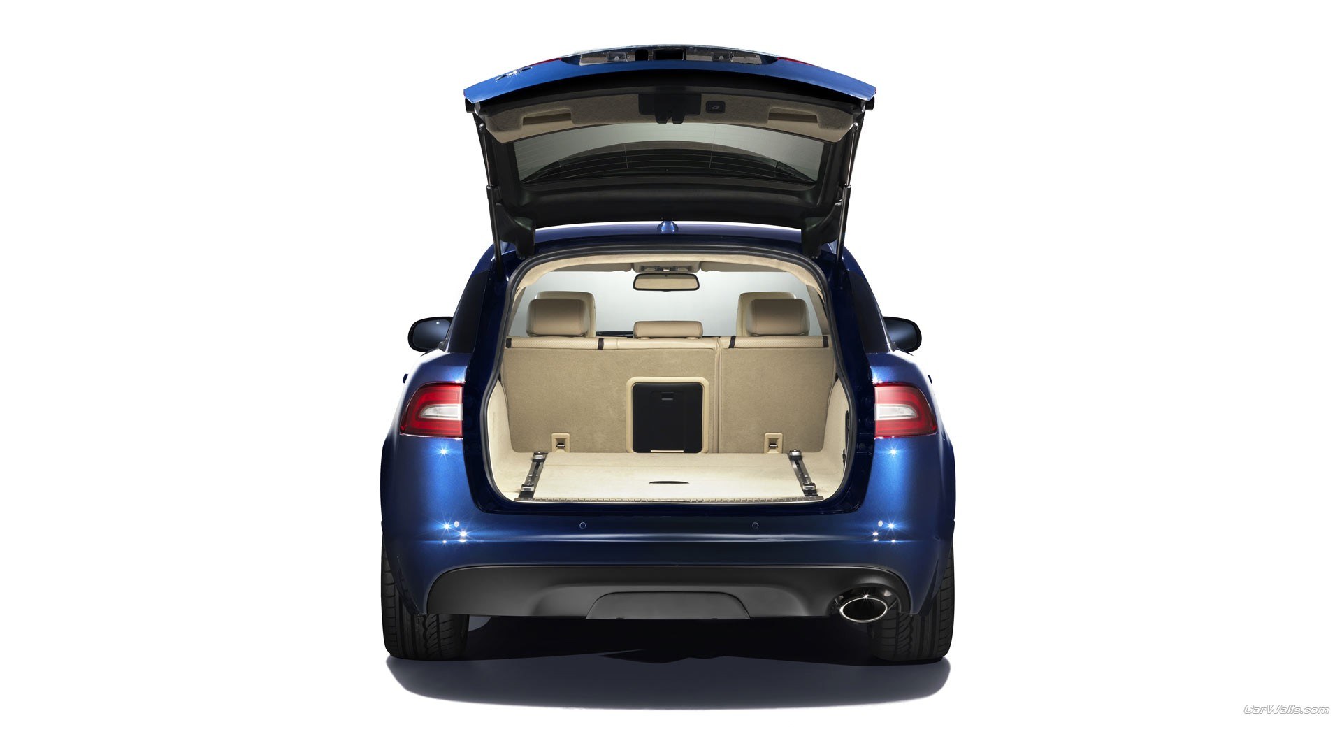 blue car trunk open rear view
