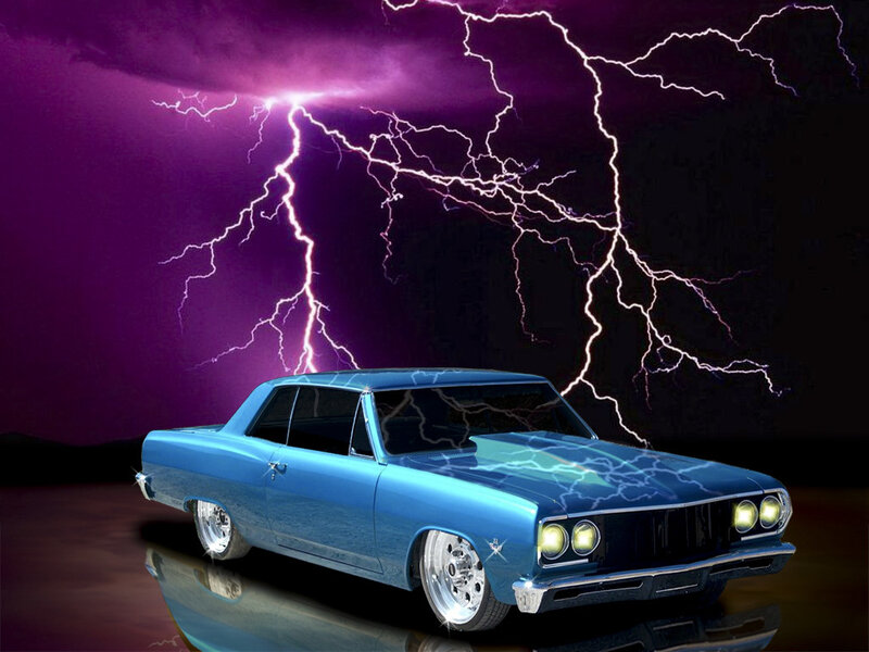 Blue car under lightning storm