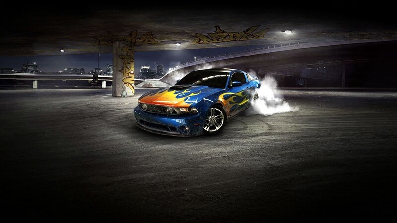 Blue Car with Flames — Dramatic